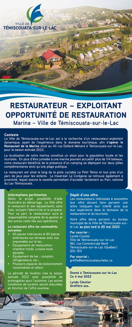 Opportunité de restauration RestaurateurExploitant Marina de